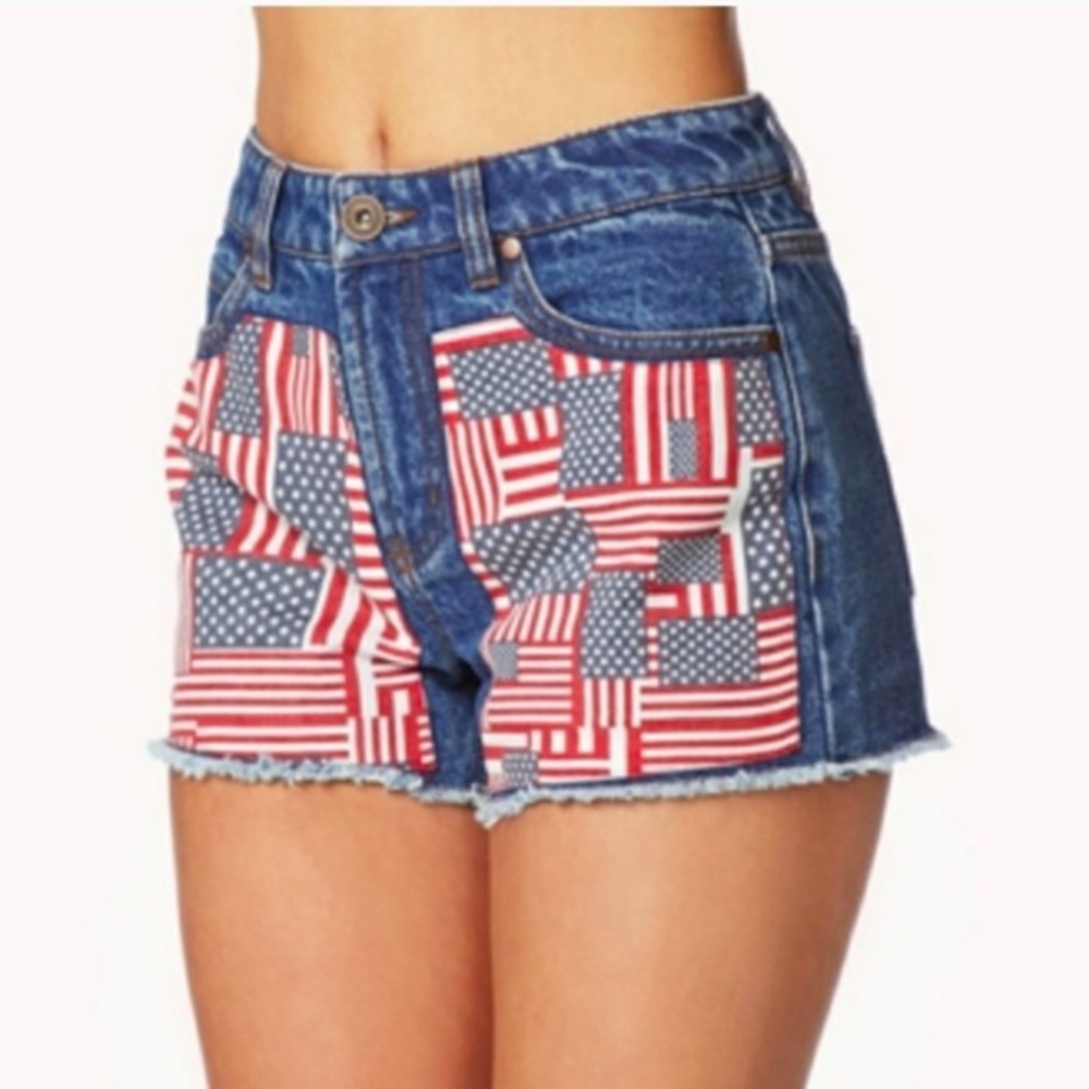 Forever 21 American Flag Denim Cut Off Sho…